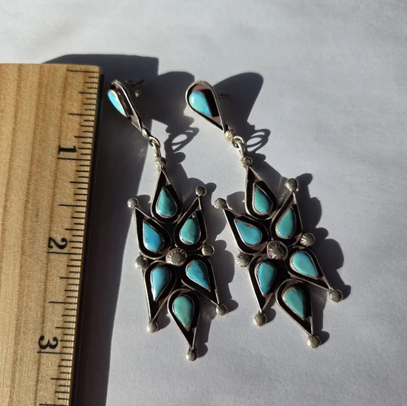 Vintage Signed Turquoise Silver Dangle Earrings - Picture 4 of 5